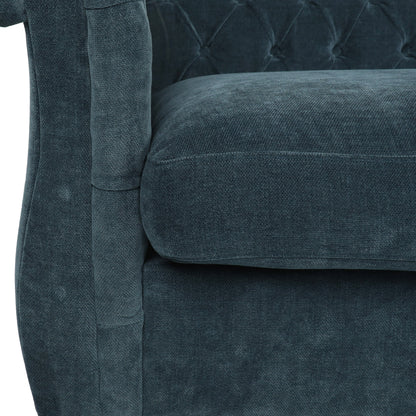 Divano moderno blu 83.25 con bottoni, trapuntato, a 3 posti, con gambe in legno per soggiorno