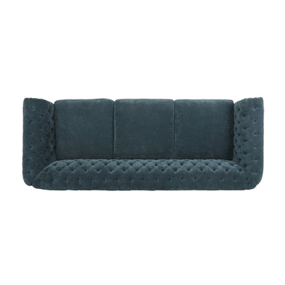 Divano moderno blu 83.25 con bottoni, trapuntato, a 3 posti, con gambe in legno per soggiorno