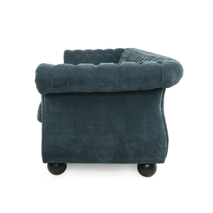 Divano moderno blu 83.25 con bottoni, trapuntato, a 3 posti, con gambe in legno per soggiorno