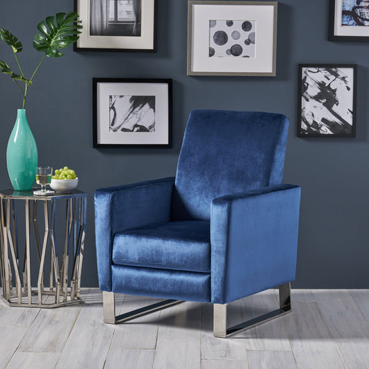 Poltrona reclinabile moderna in velluto blu con poggiapiedi e gambe in acciaio inossidabile