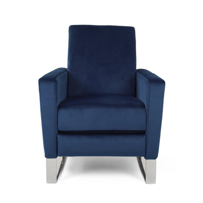 Poltrona reclinabile moderna in velluto blu con poggiapiedi e gambe in acciaio inossidabile