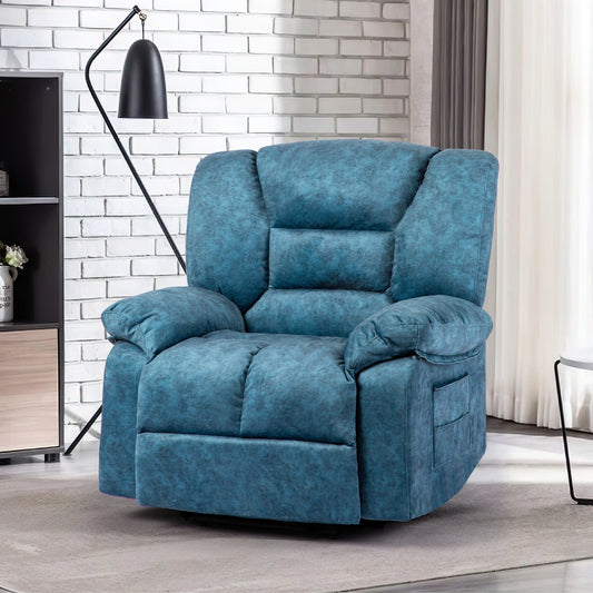 Poltrona reclinabile manuale blu oversize con massaggio vibrante, riscaldamento lombare, tasche laterali