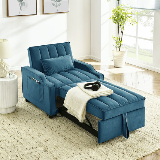 Divano letto singolo convertibile in velluto blu da 35,5 pollici con letto estraibile, tasca portaoggetti e cuscini
