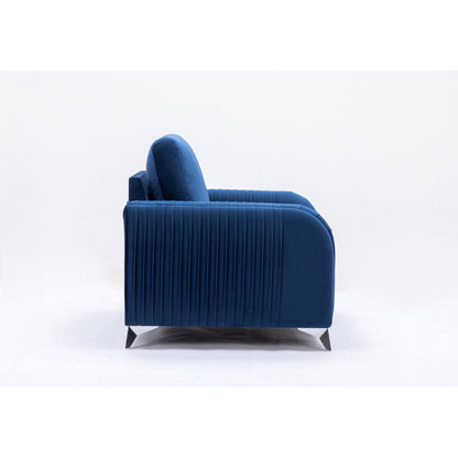 Divano a due posti in velluto blu con pieghe verticali e gambe cromate