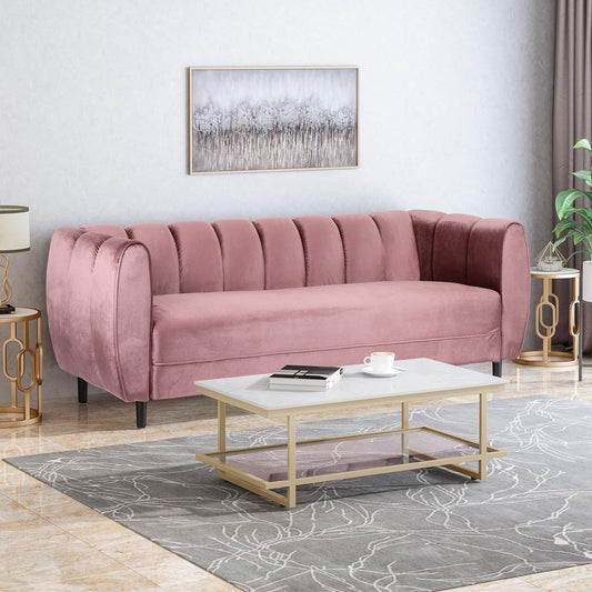 Divano a 3 posti Blush 83.25 con rivestimento in velluto e gambe in legno di betulla per soggiorno