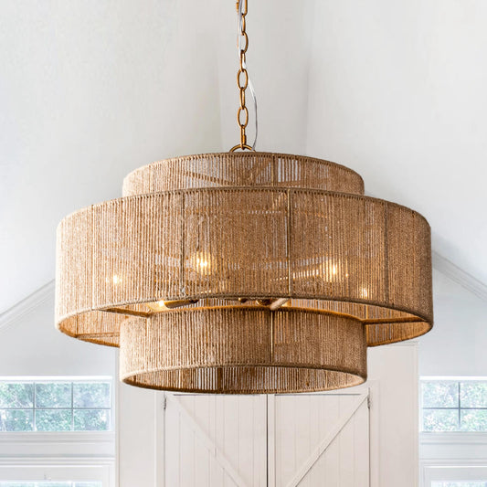 Lampadario a tamburo a più livelli in corda di canapa marrone bohémien - 23,62 L x 15,16 A