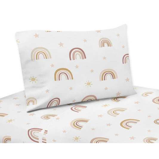 Set di lenzuola Boho Rainbow da 3 pezzi - Rosa cipria, Rosa antico, Oro, Giallo, Malva, Talpa, Beige, Marrone chiaro, Stelle bohémien, Sole, Celeste, Vintage