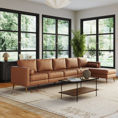 Divano Breeze Mid Century Modern, divano in pelle con cuscino trapuntato e struttura in legno massello