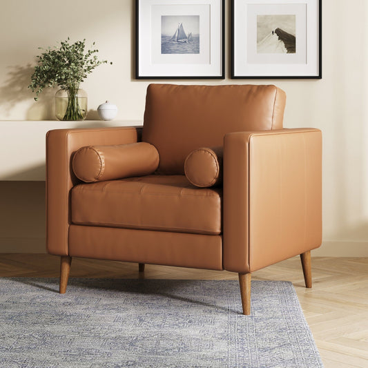 Divano Breeze Mid Century Modern, divano in pelle con cuscino trapuntato e struttura in legno massello