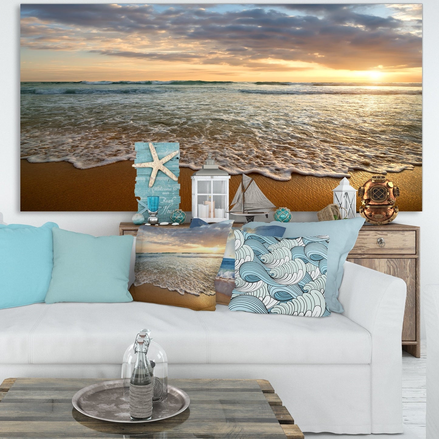 Tramonto luminoso e nuvoloso nell'oceano calmo - Tela artistica con paesaggio marino contemporaneo
