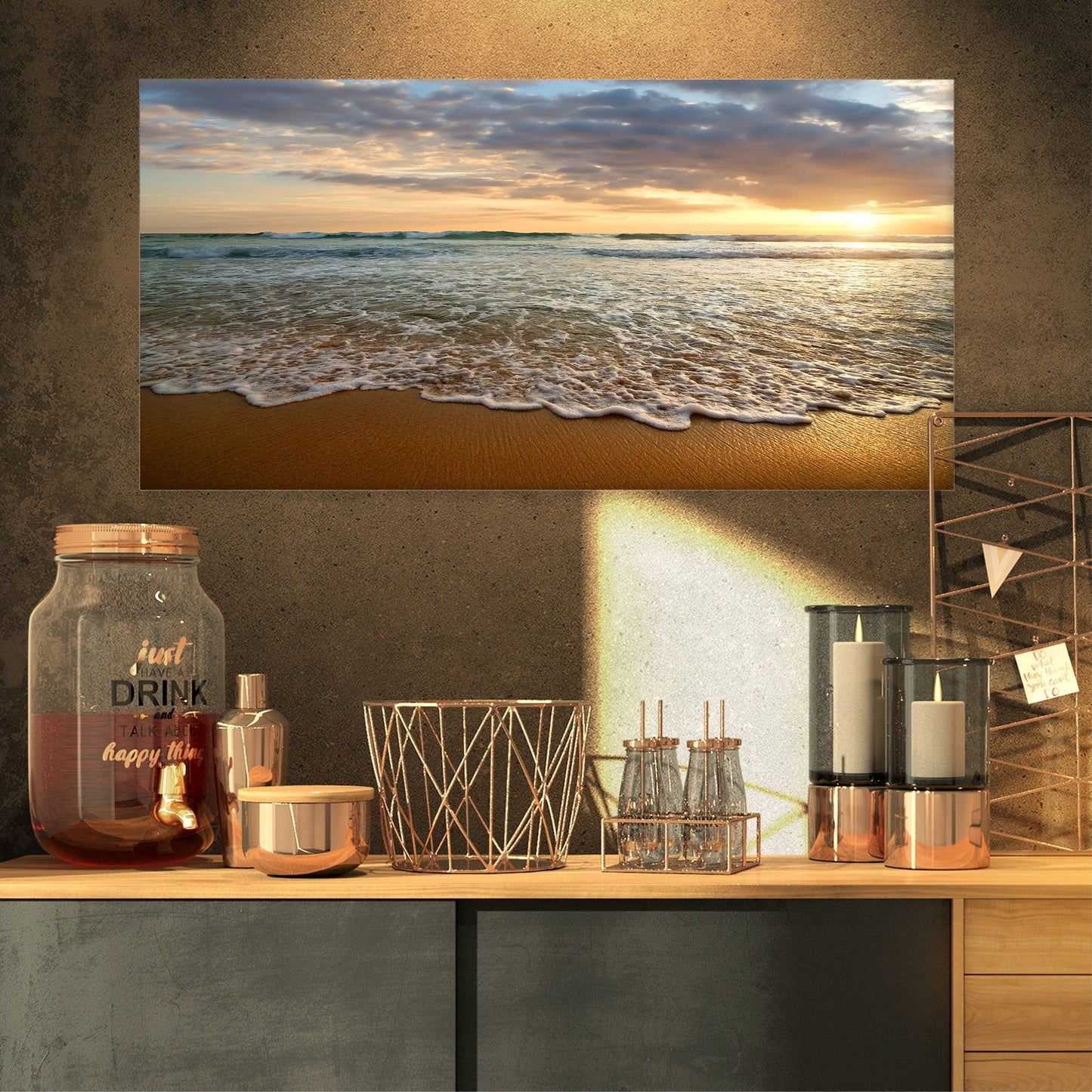 Tramonto luminoso e nuvoloso nell'oceano calmo - Tela artistica con paesaggio marino contemporaneo