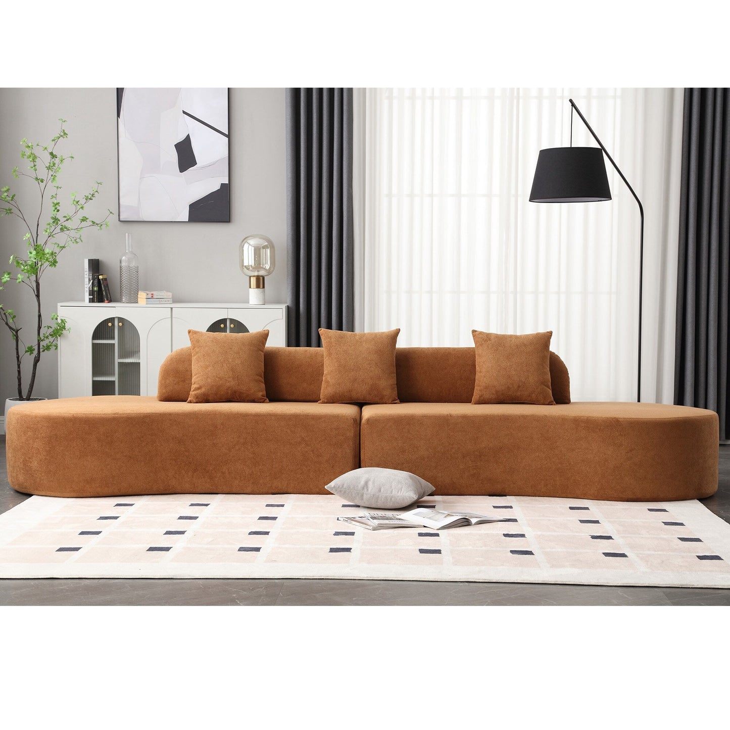 Divano modulare curvo marrone da 130,5'' con design ergonomico, tessuto ad alta resilienza e 3 cuscini, non necessita di montaggio