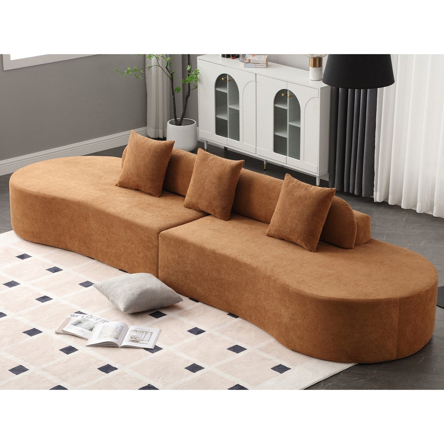 Divano modulare curvo marrone da 130,5'' con design ergonomico, tessuto ad alta resilienza e 3 cuscini, non necessita di montaggio