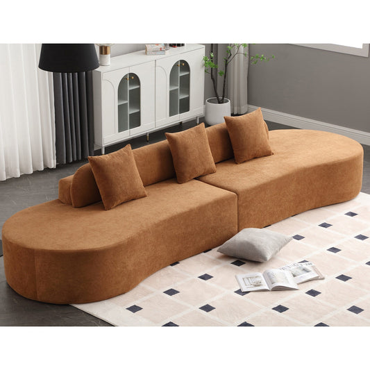 Divano modulare curvo marrone da 130,5'' con design ergonomico, tessuto ad alta resilienza e 3 cuscini, non necessita di montaggio