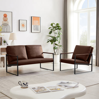 Divano a due posti in pelle PVC marrone 47.24 con schienale imbottito extra spesso e robusta struttura in metallo per soggiorno