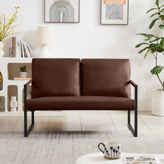 Divano a due posti in pelle PVC marrone 47.24 con schienale imbottito extra spesso e robusta struttura in metallo per soggiorno