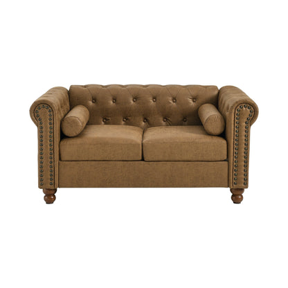 Divano Chesterfield marrone da 55'' in tessuto trapuntato a 2 posti con 2 poggiatesta - Rivestimento in spugna ad alta resilienza