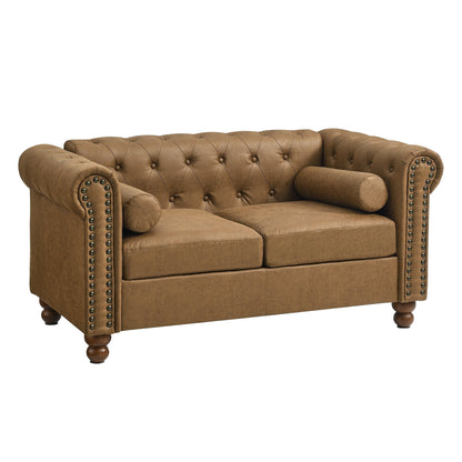 Divano Chesterfield a 2 posti rivestito in tessuto marrone da 55'' con schienale capitonné e 2 poggiatesta
