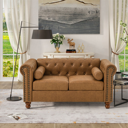 Divano Chesterfield a 2 posti rivestito in tessuto marrone da 55'' con schienale capitonné e 2 poggiatesta