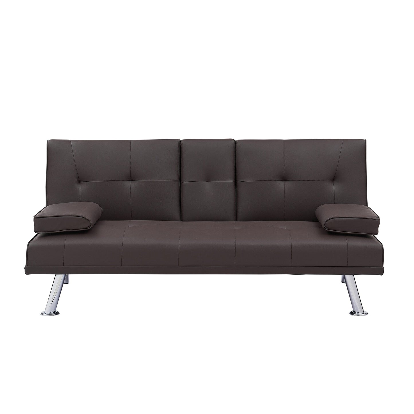 Divano letto pieghevole in similpelle marrone 67 con gambe in metallo argentato e portabicchieri per soggiorno