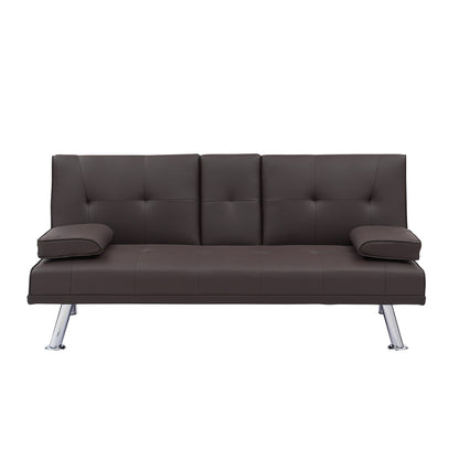 Divano letto pieghevole in similpelle marrone 67 con gambe in metallo argentato e portabicchieri per soggiorno