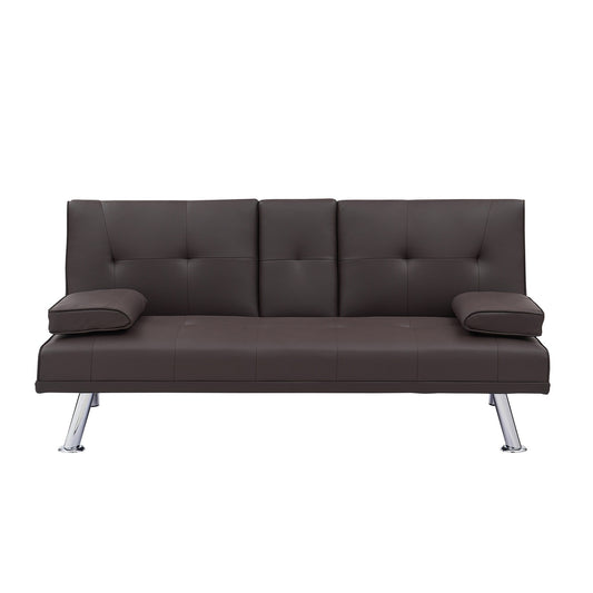 Divano letto pieghevole in similpelle marrone 67 con gambe in metallo argentato e portabicchieri per soggiorno