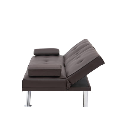 Divano letto pieghevole in similpelle marrone 67 con gambe in metallo argentato e portabicchieri per soggiorno