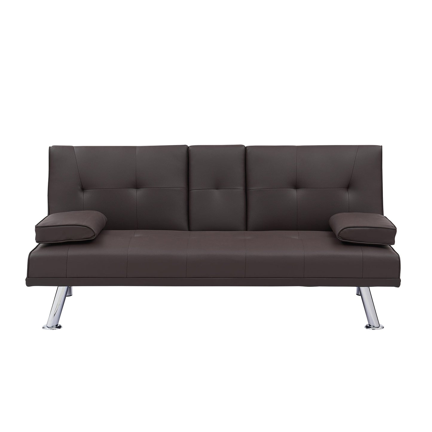 Divano letto a due posti in similpelle marrone 67 con 2 portabicchieri e gambe in acciaio inox per soggiorno
