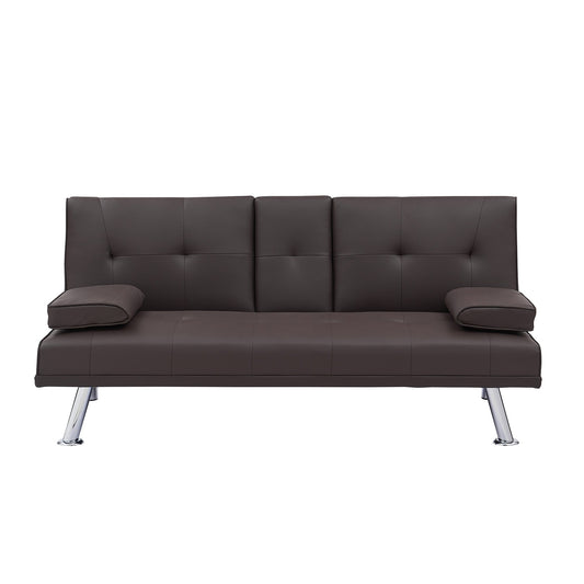 Divano letto a due posti in similpelle marrone 67 con 2 portabicchieri e gambe in acciaio inox per soggiorno