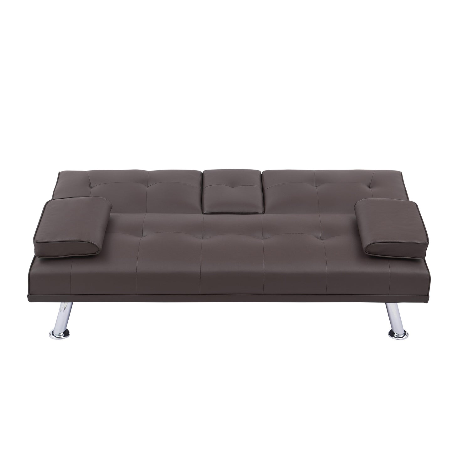 Divano letto a due posti in similpelle marrone 67 con 2 portabicchieri e gambe in acciaio inox per soggiorno
