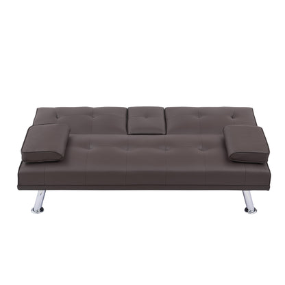 Divano letto a due posti in similpelle marrone 67 con 2 portabicchieri e gambe in acciaio inox per soggiorno