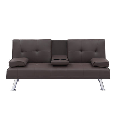 Divano letto a due posti in similpelle marrone 67 con 2 portabicchieri e gambe in acciaio inox per soggiorno