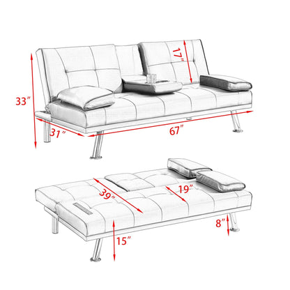 Divano letto a due posti in similpelle marrone 67 con 2 portabicchieri e gambe in acciaio inox per soggiorno
