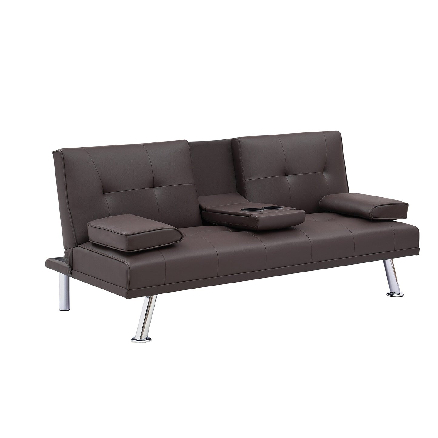 Divano letto a due posti in similpelle marrone 67 con 2 portabicchieri e gambe in acciaio inox per soggiorno