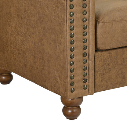 Divano Chesterfield rivestito in tessuto marrone 74,5 con schienale capitonné, 2 poggiatesta e cuscini in spugna