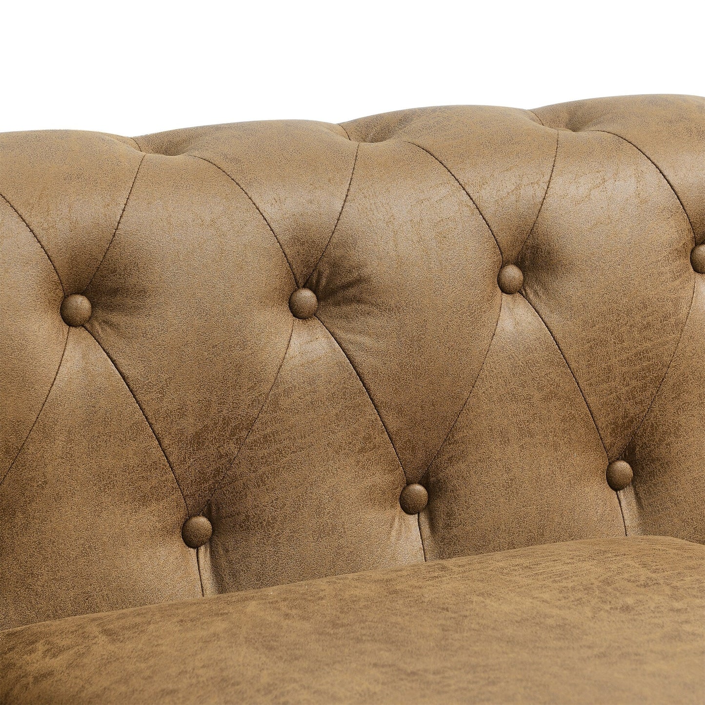 Divano Chesterfield rivestito in tessuto marrone 74,5 con schienale capitonné, 2 poggiatesta e cuscini in spugna