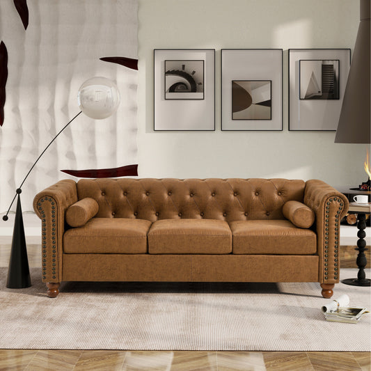 Divano Chesterfield rivestito in tessuto marrone 74,5 con schienale capitonné, 2 poggiatesta e cuscini in spugna
