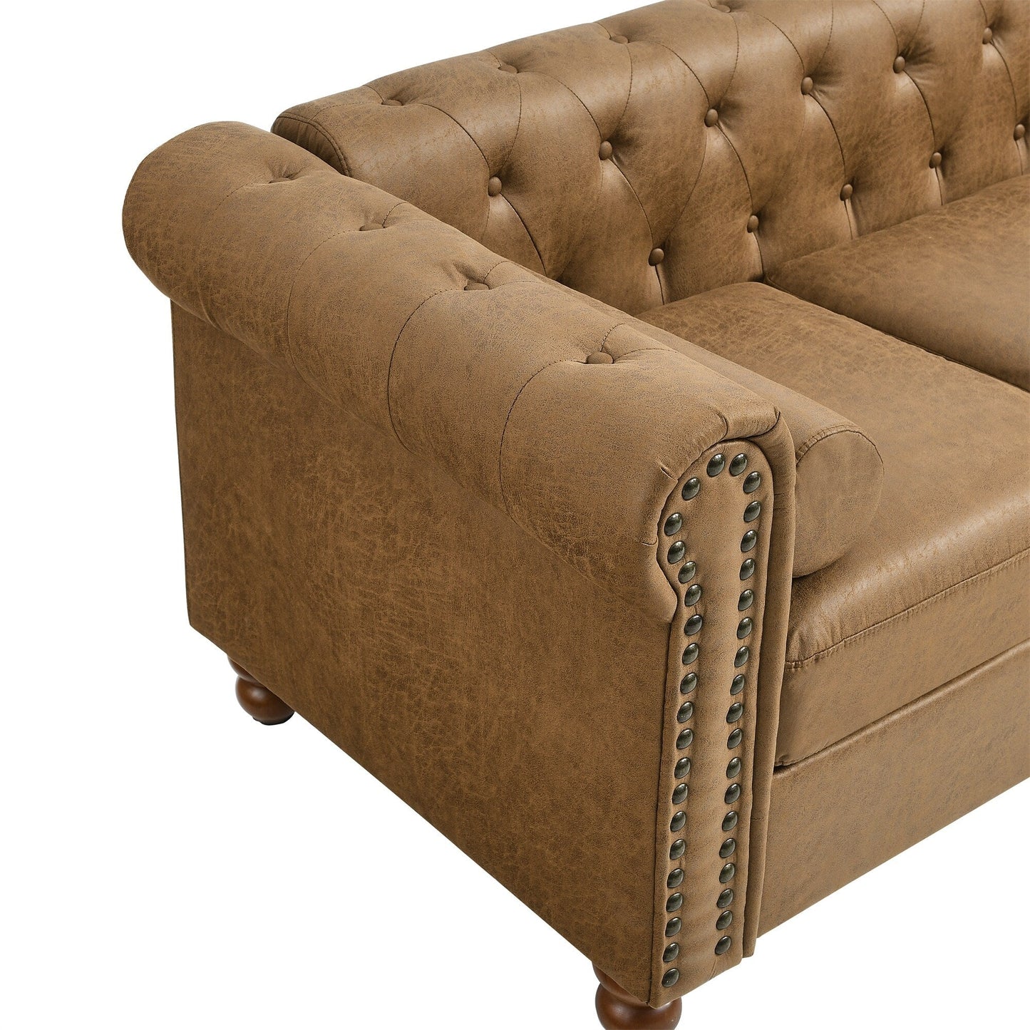 Divano Chesterfield rivestito in tessuto marrone 74,5 con schienale capitonné, 2 poggiatesta e cuscini in spugna