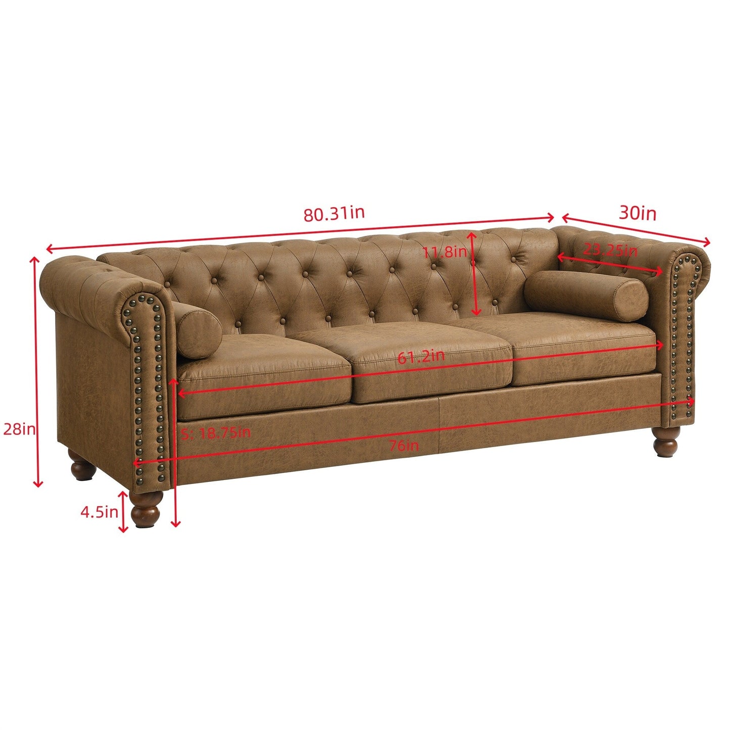 Divano Chesterfield a 3 posti rivestito in tessuto marrone da 74,5'' con design capitonné, poggiatesta e spugna ad alta resilienza