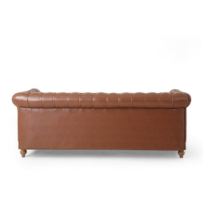 Divano a 3 posti in pelle PU marrone 78,75 con gambe in legno, dettagli con rivetti e schienale con linguetta estraibile
