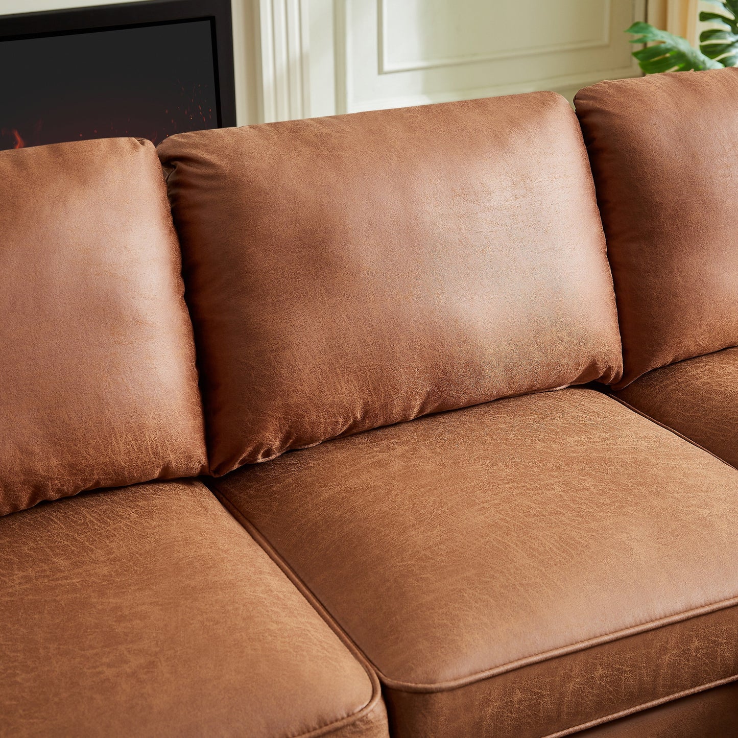 Divano a 3 posti a forma di L in pelle PU marrone da 82,2'' con chaise longue sinistra e borchie, dettagli in chiodi di rame, gambe in legno resistenti