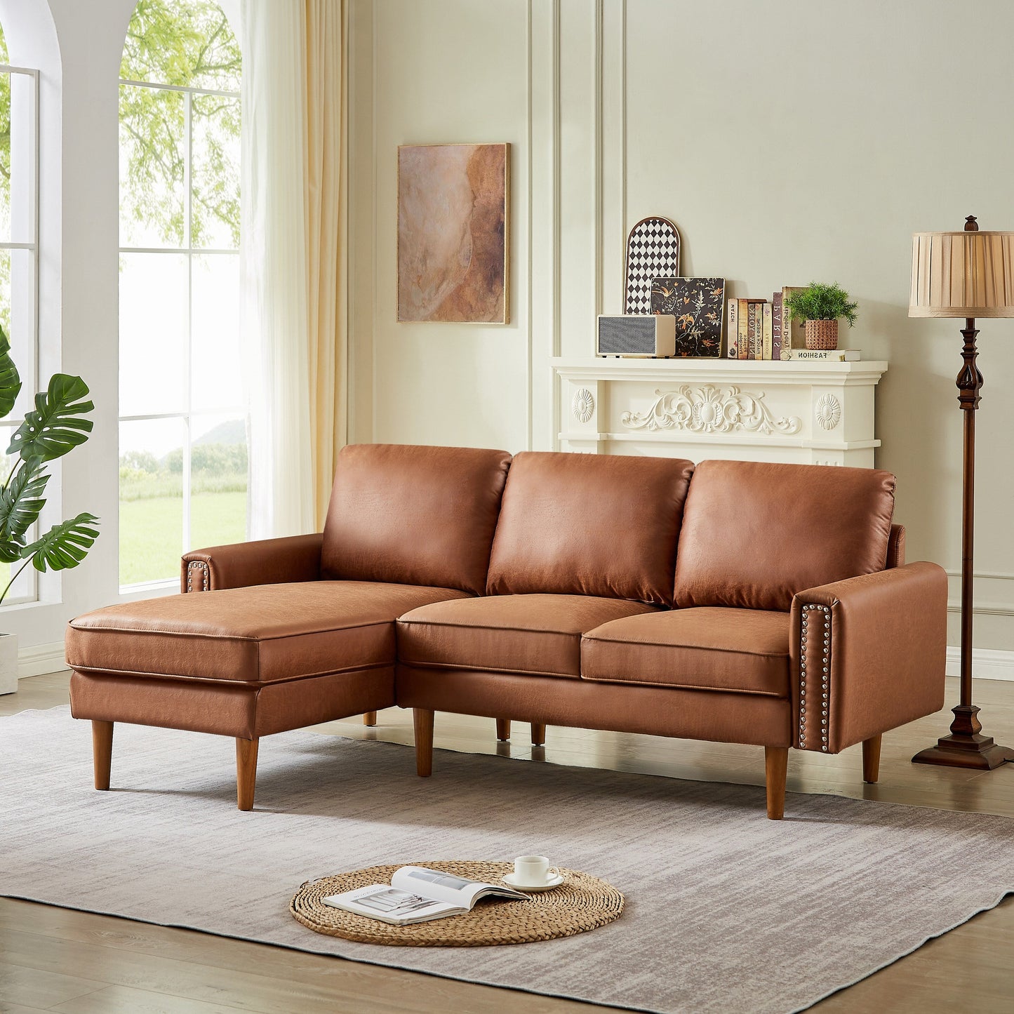 Divano a 3 posti a forma di L in pelle PU marrone da 82,2'' con chaise longue sinistra e borchie, dettagli in chiodi di rame, gambe in legno resistenti
