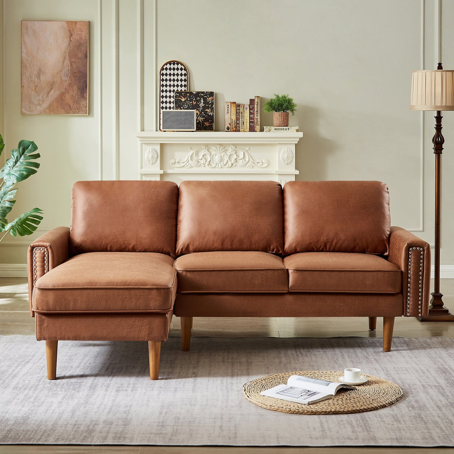 Divano a 3 posti a forma di L in pelle PU marrone da 82,2'' con chaise longue sinistra e borchie, dettagli in chiodi di rame, gambe in legno resistenti