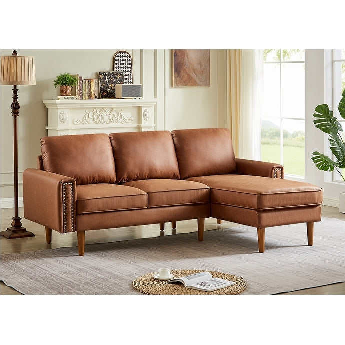 Divano a 3 posti a forma di L in pelle PU marrone da 82,2'' con chaise longue sinistra e borchie, dettagli in chiodi di rame, gambe in legno resistenti