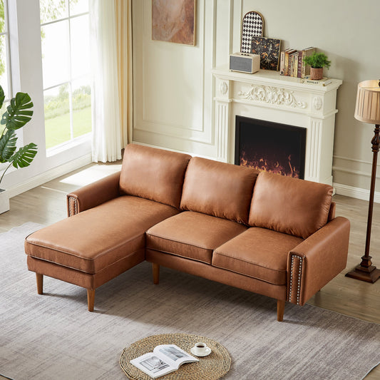 Divano a 3 posti a forma di L in pelle PU marrone da 82,2'' con chaise longue sinistra e borchie, dettagli in chiodi di rame, gambe in legno resistenti