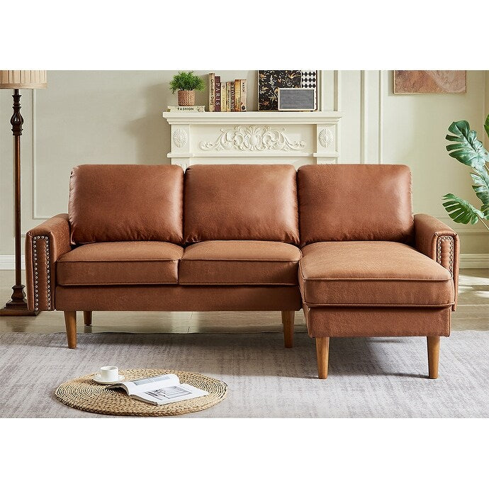 Divano a 3 posti a forma di L in pelle PU marrone da 82,2'' con chaise longue sinistra e borchie, dettagli in chiodi di rame, gambe in legno resistenti