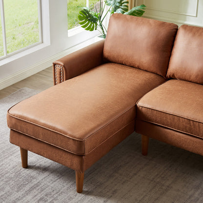 Divano a 3 posti a forma di L in pelle PU marrone da 82,2'' con chaise longue sinistra e borchie, dettagli in chiodi di rame, gambe in legno resistenti