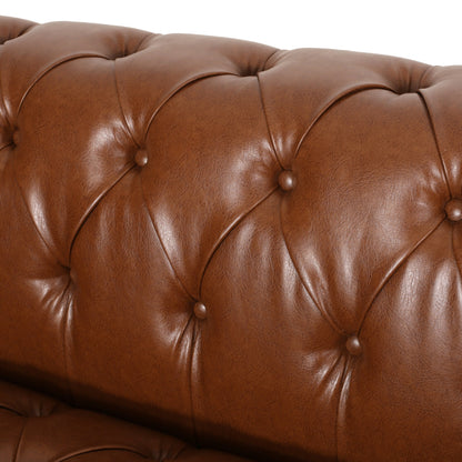 Divano in pelle PU marrone da 83,5'' con schienale trapuntato a bottoni, gambe in legno vintage e braccioli spaziosi