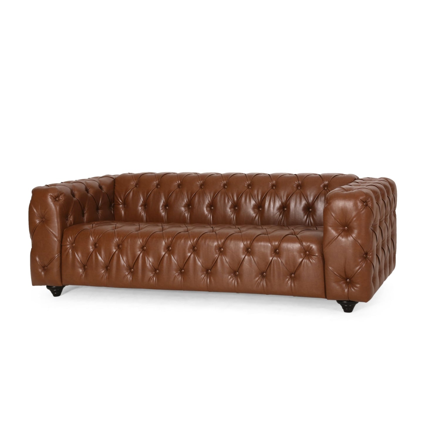 Divano in pelle PU marrone da 83,5'' con schienale trapuntato a bottoni, gambe in legno vintage e braccioli spaziosi