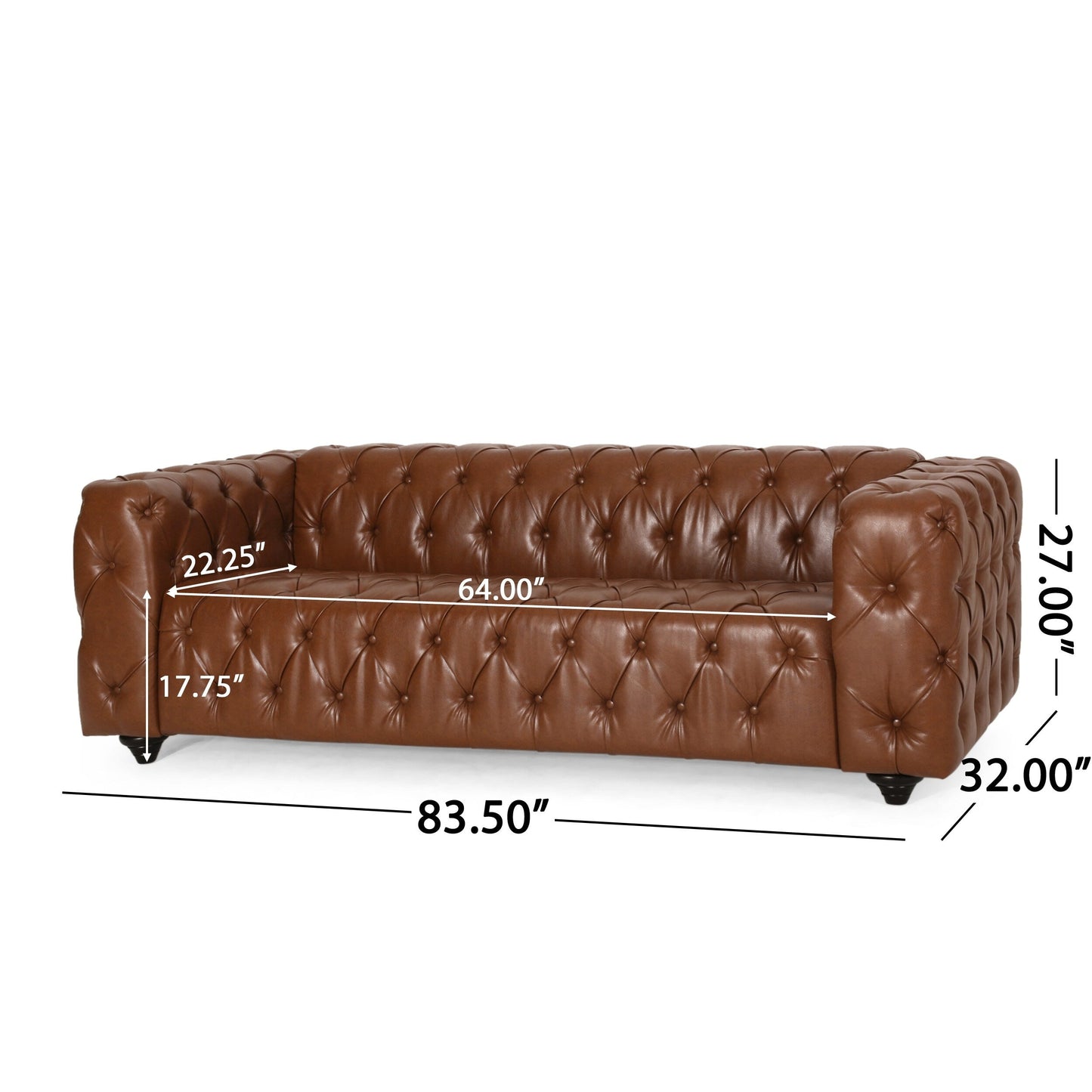 Divano in pelle PU marrone da 83,5'' con schienale trapuntato a bottoni, gambe in legno vintage e braccioli spaziosi